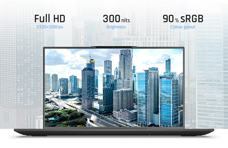 Laptop-Display mit Full HD Auflösung, 300 nits Helligkeit und 90 Prozent sRGB Farbraum vor einer Skyline