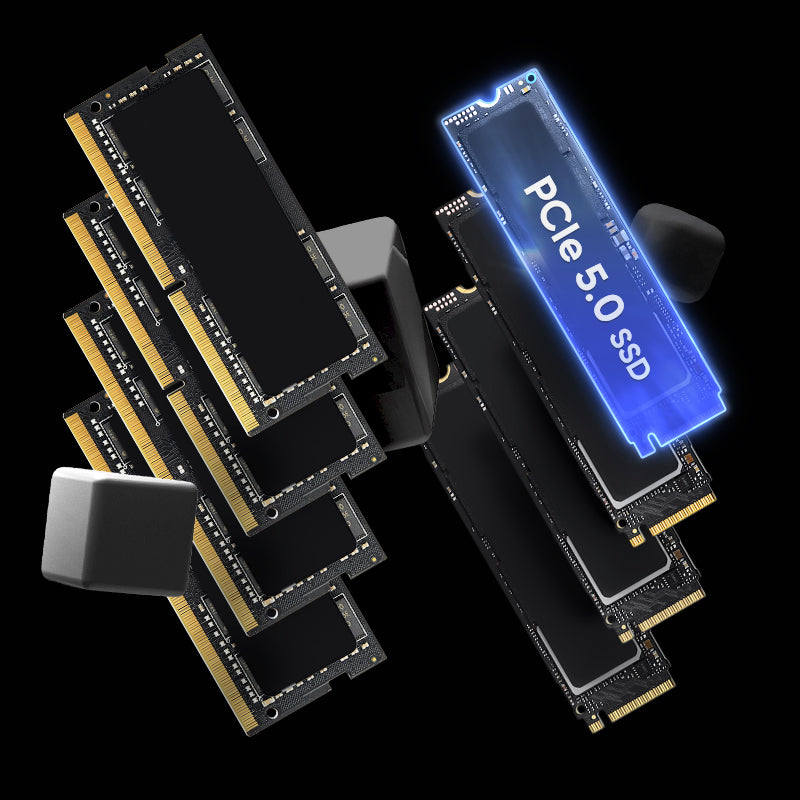 Stapelung aus mehreren RAM-Modulen und einer blau leuchtenden PCIe 5.0 SSD vor schwarzem Hintergrund