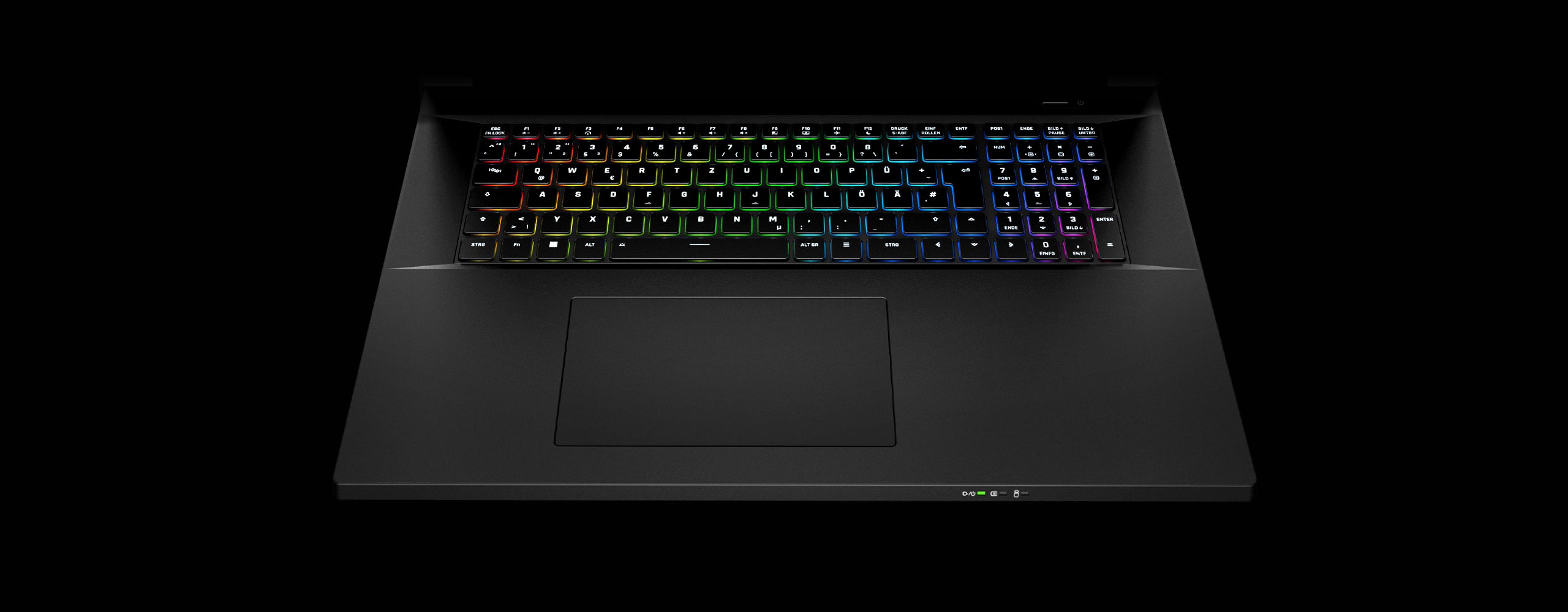 Nahaufnahme der RGB-Tastatur eines High-End Gaming-Laptops mit deutscher QWERTZ-Belegung und großem Touchpad.