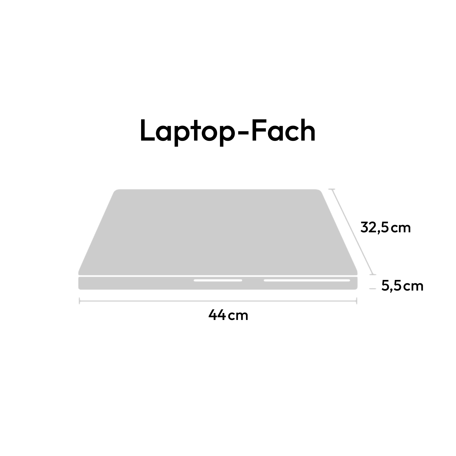 Technische Skizze des Laptop-Fachs mit den Maßen 44 cm Breite, 32,5 cm Tiefe und 5,5 cm Höhe.