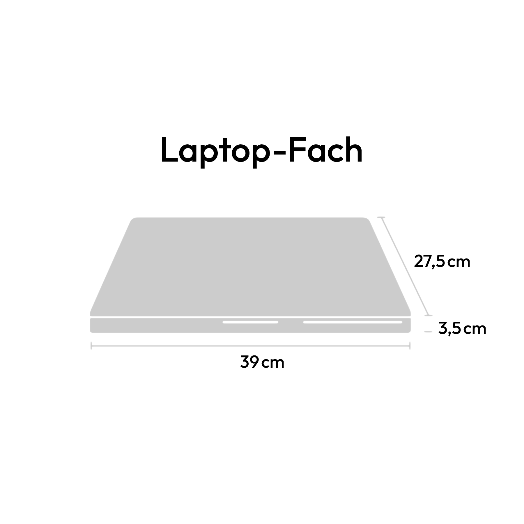 Technische Skizze des Laptop-Fachs mit den Maßen 39 cm Breite, 27,5 cm Tiefe und 3,5 cm Höhe.