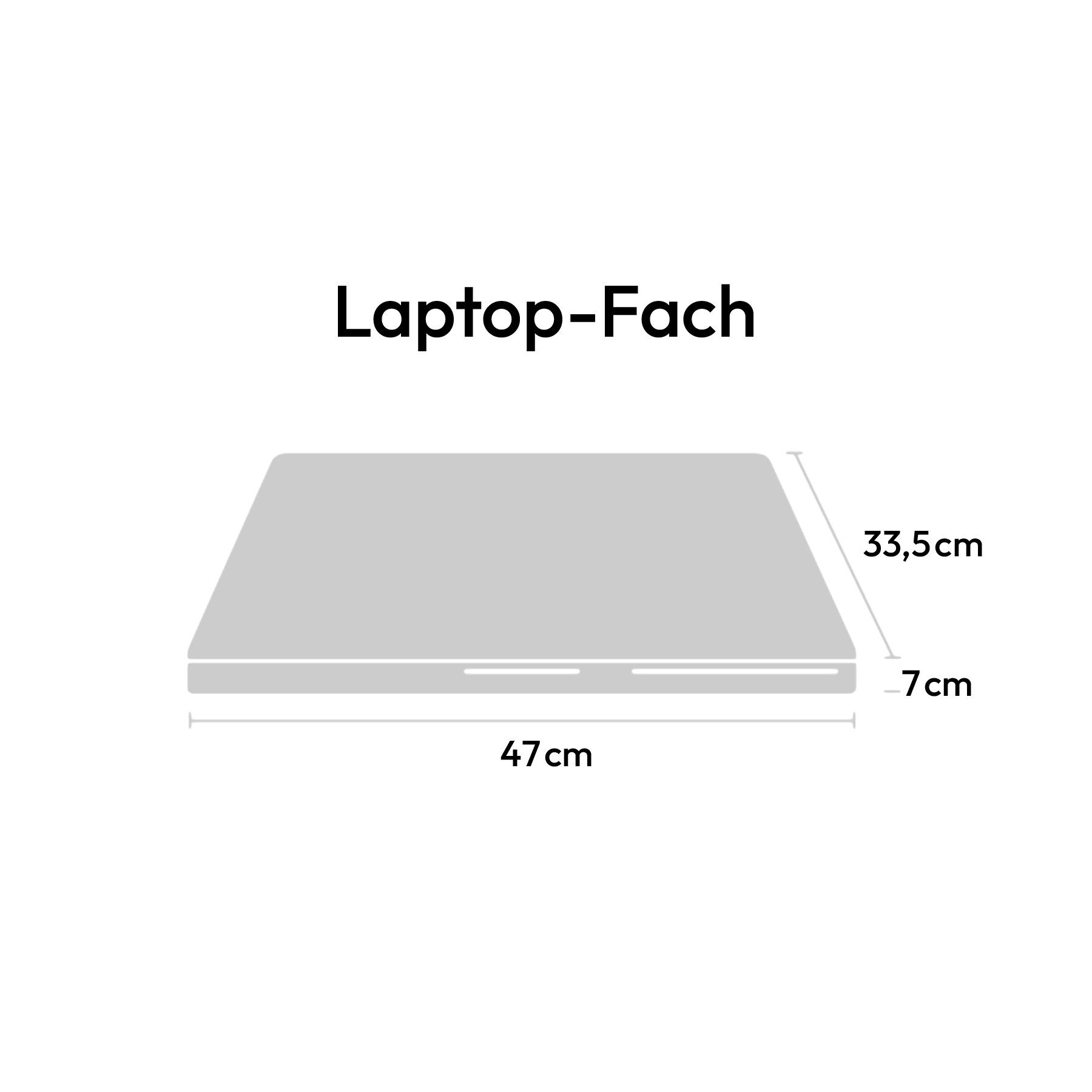 Schematische Darstellung des Laptop-Fachs mit den Innenmaßen 47 x 33,5 x 7 cm.