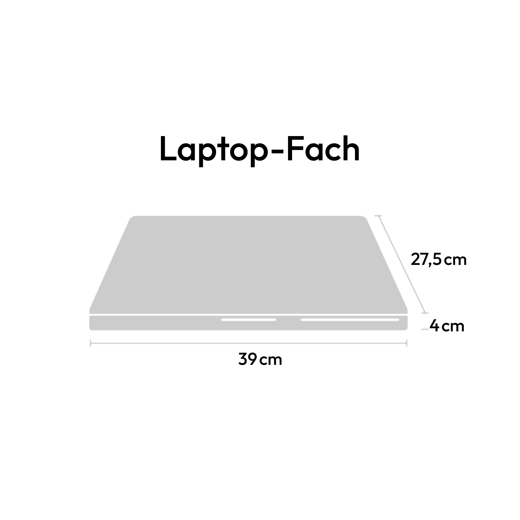 Diagramm der Maße für das Laptop-Fach mit 39 cm Breite, 27,5 cm Tiefe und 4 cm Höhe.
