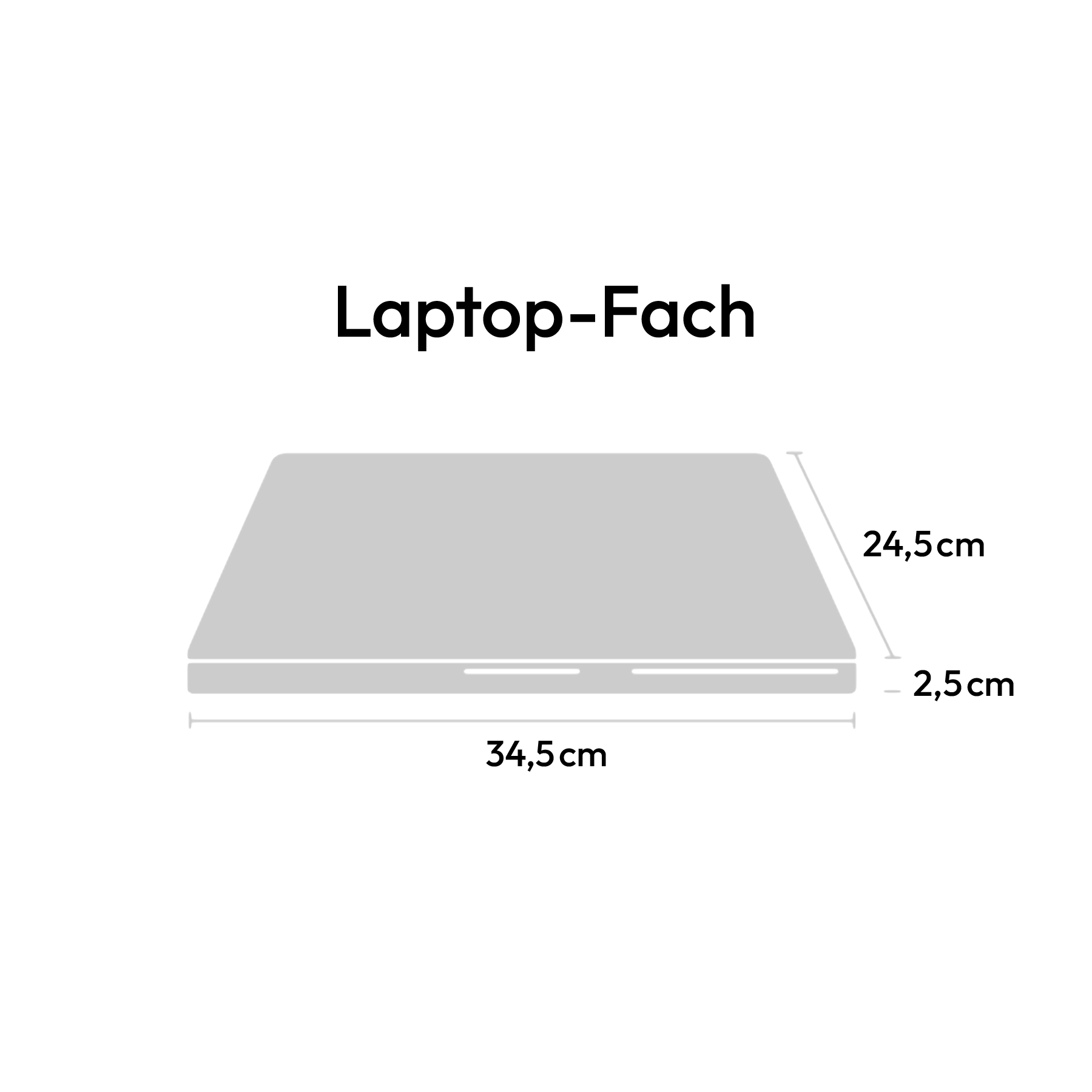 Technische Zeichnung eines Laptop-Fachs mit den Maßen 34,5 x 24,5 x 2,5 cm.