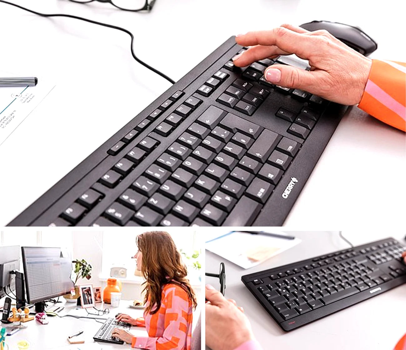 Frau tippt an einem hellen Arbeitsplatz auf einer schwarzen CHERRY Tastatur.