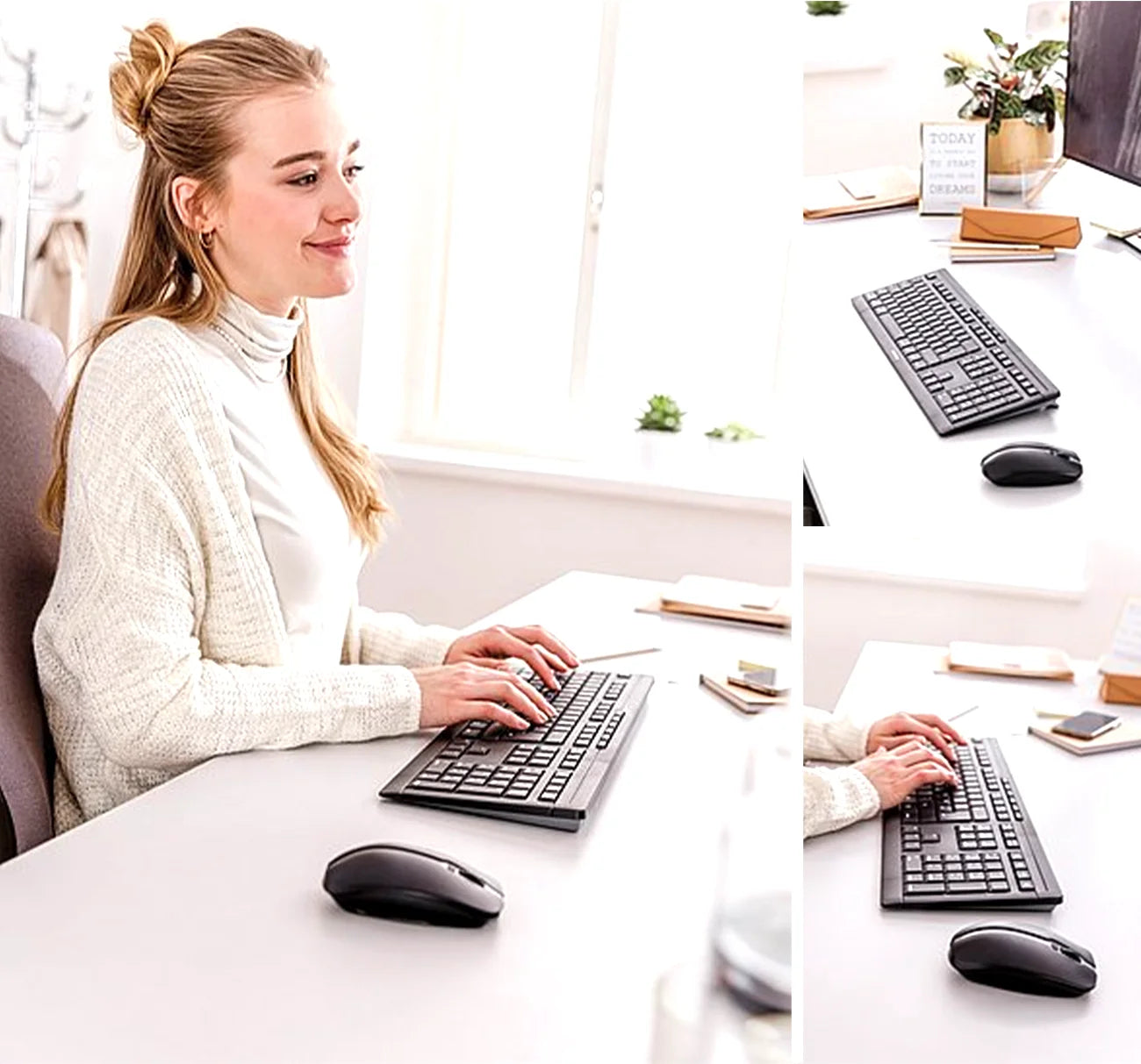 Eine junge Frau tippt an einem hellen Arbeitsplatz auf einer schwarzen Tastatur mit passender Computermaus.