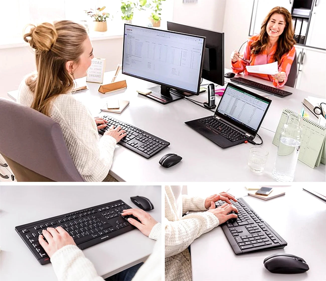 Zwei Frauen arbeiten an modernen Business-Laptops und Peripherie im hellen Büro