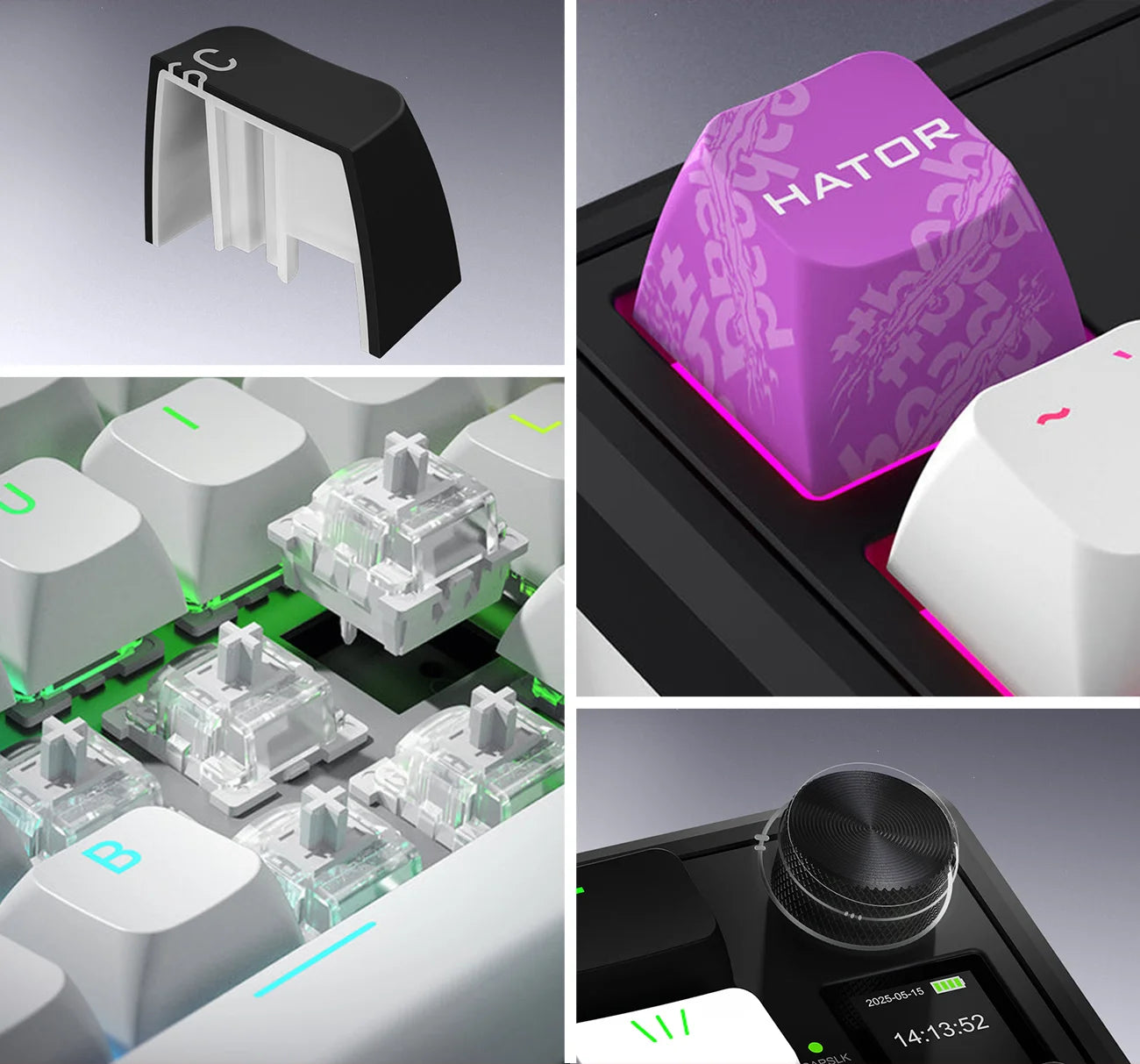 Detailansichten einer Gaming-Tastatur mit mechanischen Switches, Keycaps, Lautstärkeregler und RGB-Beleuchtung