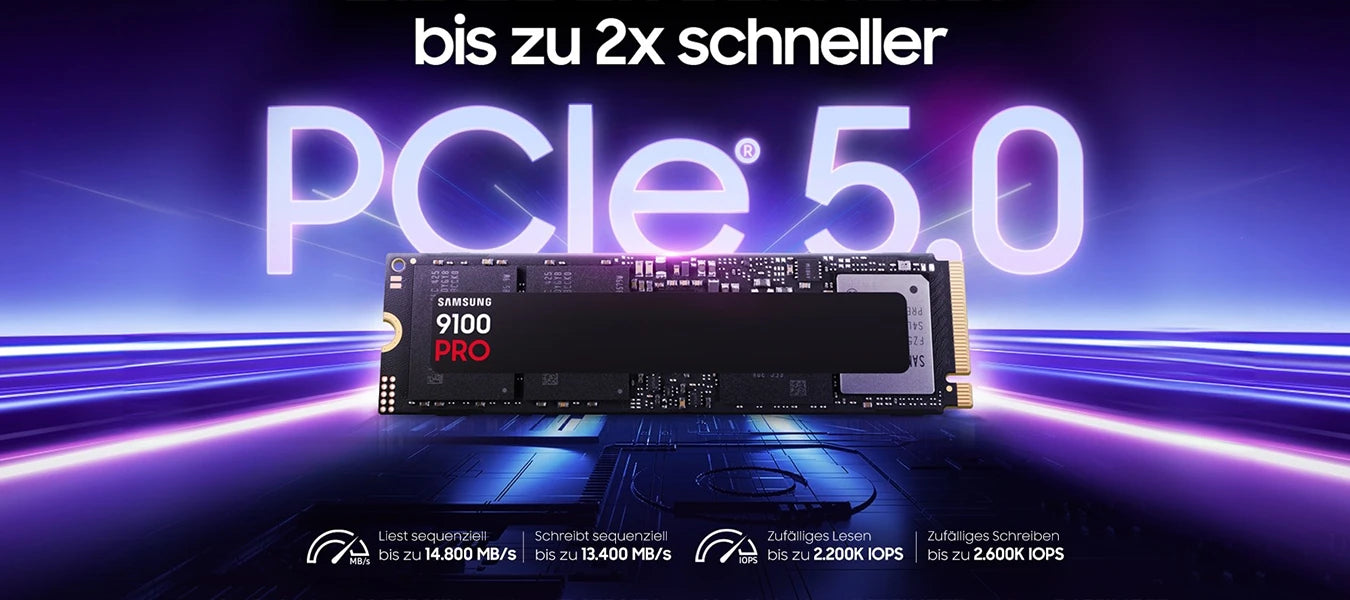 Samsung 9100 PRO PCIe 5.0 SSD vor futuristischem Hintergrund mit Leistungsangaben bis zu 14.800 MB/s.