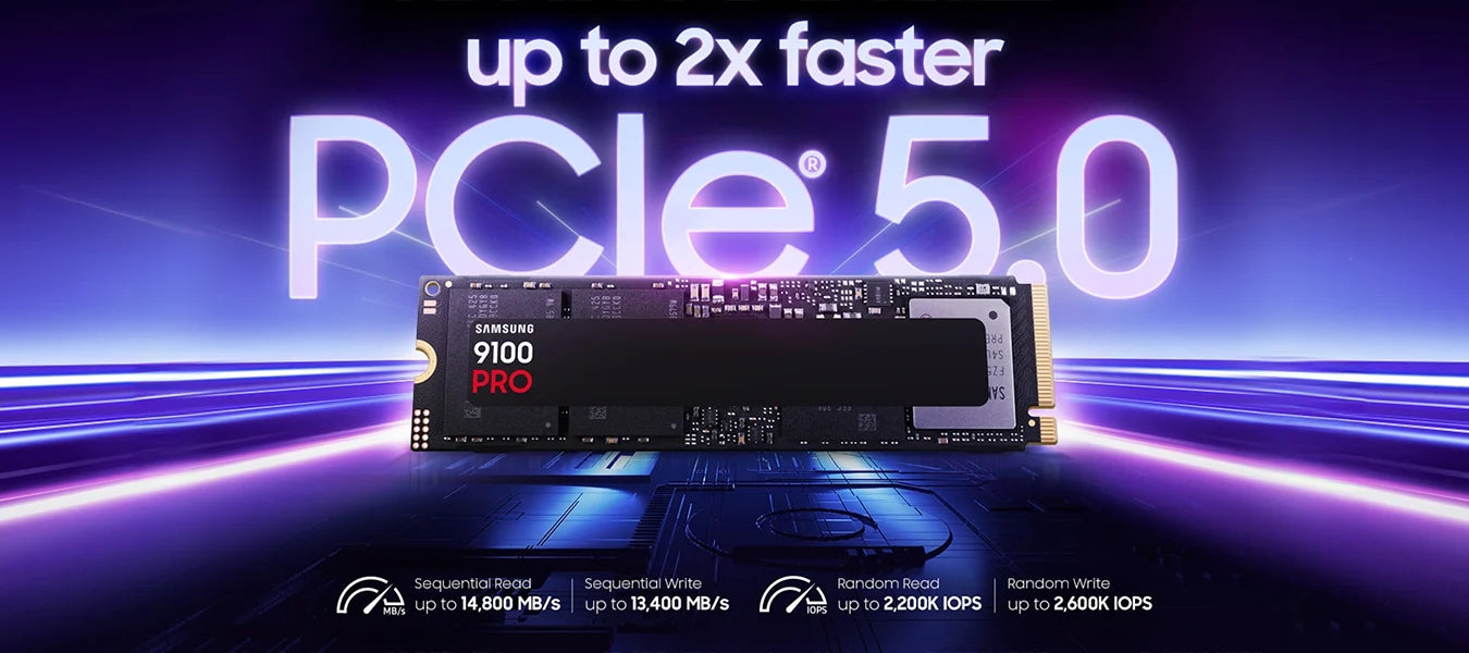 Samsung 9100 PRO PCIe 5.0 NVMe SSD vor violettem Hintergrund mit Geschwindigkeitsangaben