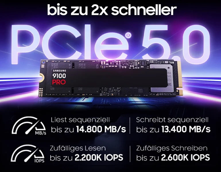 Samsung 9100 PRO PCIe 5.0 SSD mit Leistungsdaten wie 14.800 MB/s Lesegeschwindigkeit.