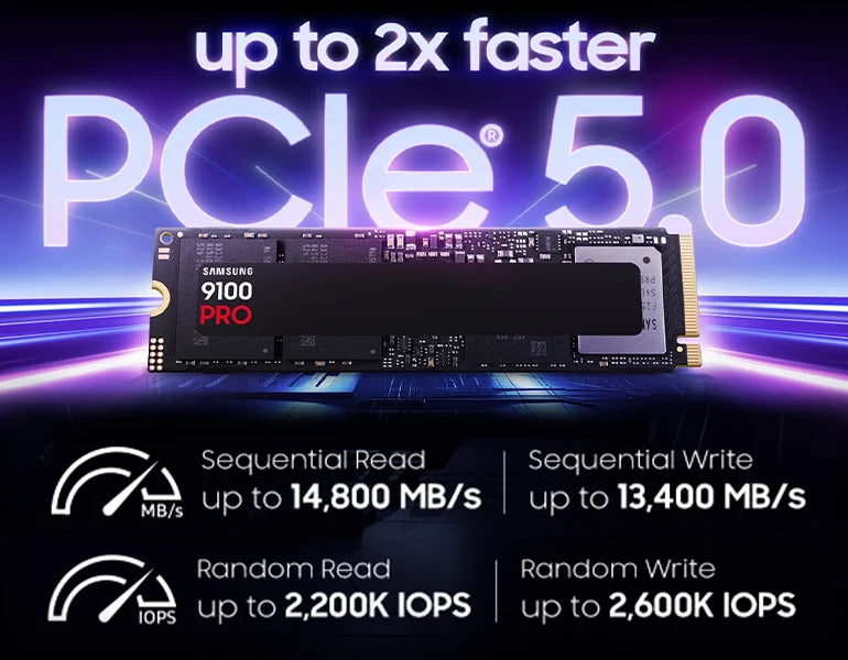 Samsung 9100 PRO PCIe 5.0 NVMe SSD mit Leistungsdaten vor futuristischem Hintergrund