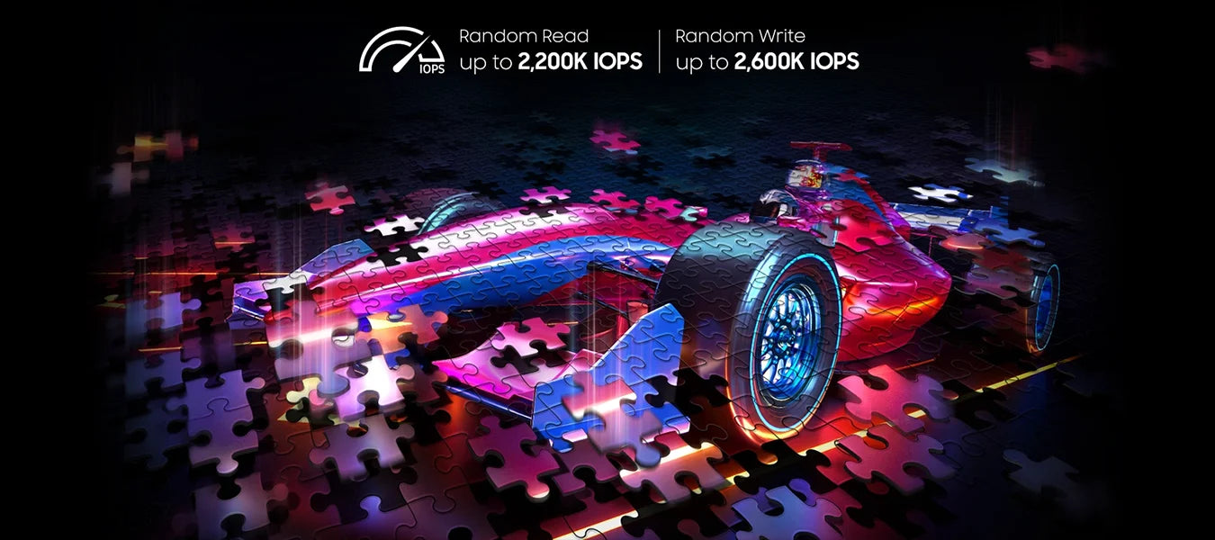 Rennwagen aus bunten Puzzleteilen mit Performance-Angaben zur SSD-Geschwindigkeit von bis zu 2.600K IOPS.