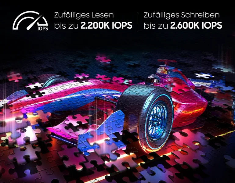 Rennwagen aus Puzzleteilen mit Text zu IOPS-Geschwindigkeit für SSD Hardware