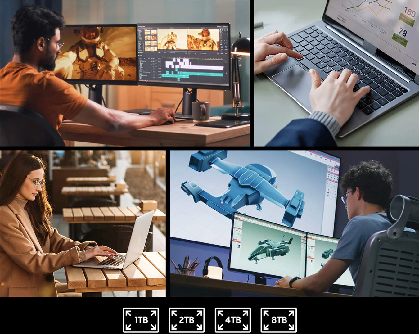 Collage von Personen, die an High-End Laptops und Monitoren arbeiten, mit SSD-Speicheroptionen von 1TB bis 8TB