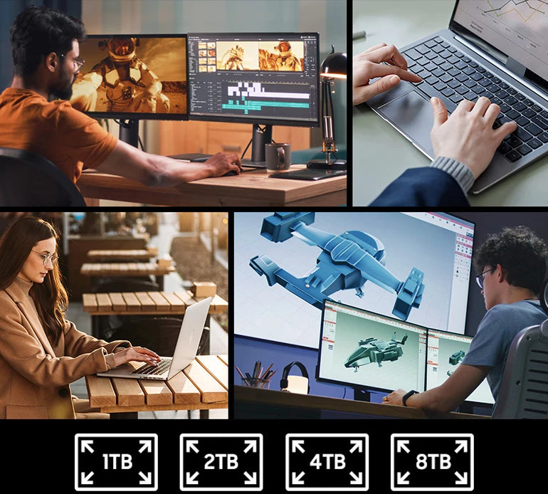 Professioneller High-End Laptop im Einsatz bei Videobearbeitung, 3D-Design und mobiler Office-Arbeit mit Speicheroptionen bis 8TB.