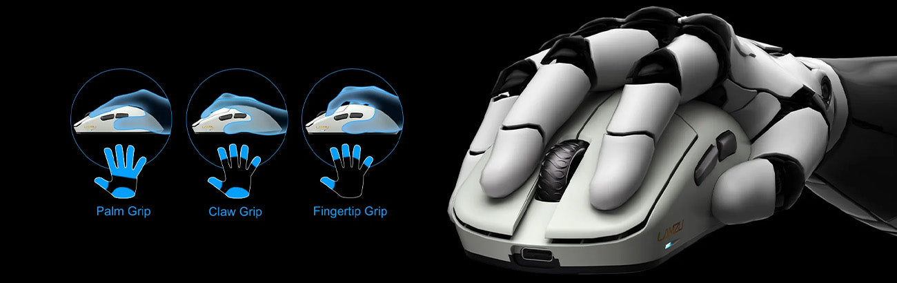 Erklärung der Maus-Grip-Arten Palm Grip, Claw Grip und Fingertip Grip an einer Gaming-Maus.