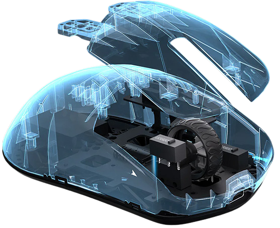 Explosionszeichnung einer Gaming-Maus mit blauer Wireframe-Gehäusehülle und inneren Komponenten
