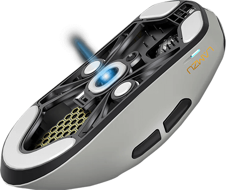 Unterseite einer grauen Lamzu Gaming-Maus mit offenem Skelett-Design und Sensor-Nahaufnahme.