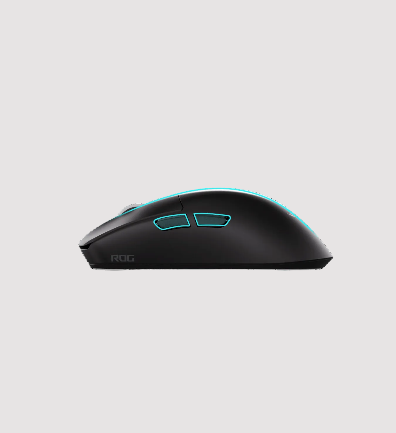 Seitenansicht der schwarzen ASUS ROG Gaming-Maus mit blauer RGB-Beleuchtung auf hellem Hintergrund.