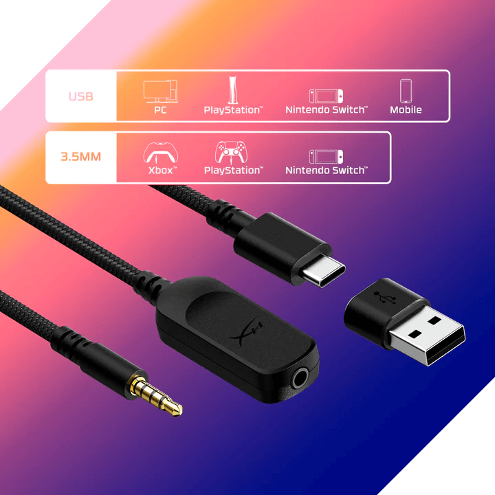 HyperX Gaming-Headset-Kabel mit USB und 3,5mm-Klinke sowie Kompatibilitäts-Grafik für PC und Konsolen.