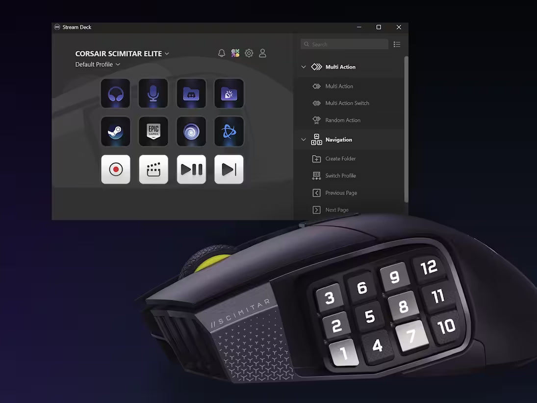Corsair Scimitar Elite Gaming-Maus mit seitlichem Tastenfeld und geöffneter Software-Oberfläche
