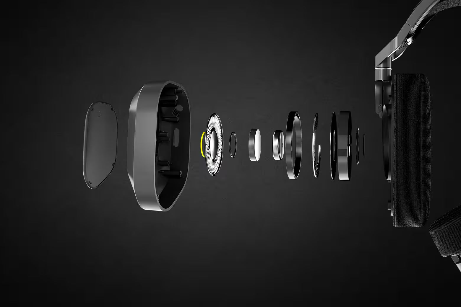 Explosionszeichnung der verschiedenen Komponenten und Treiber eines High-End Gaming-Headsets
