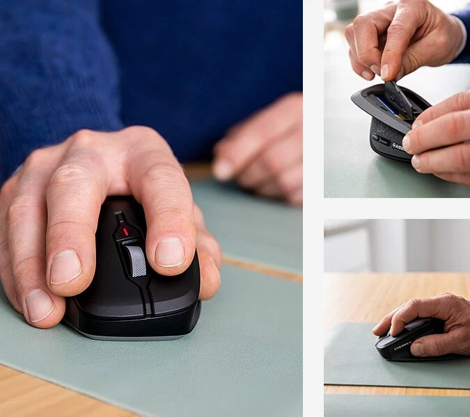 Hände bedienen eine ergonomische schwarze Computermaus und wechseln den USB-Empfänger.