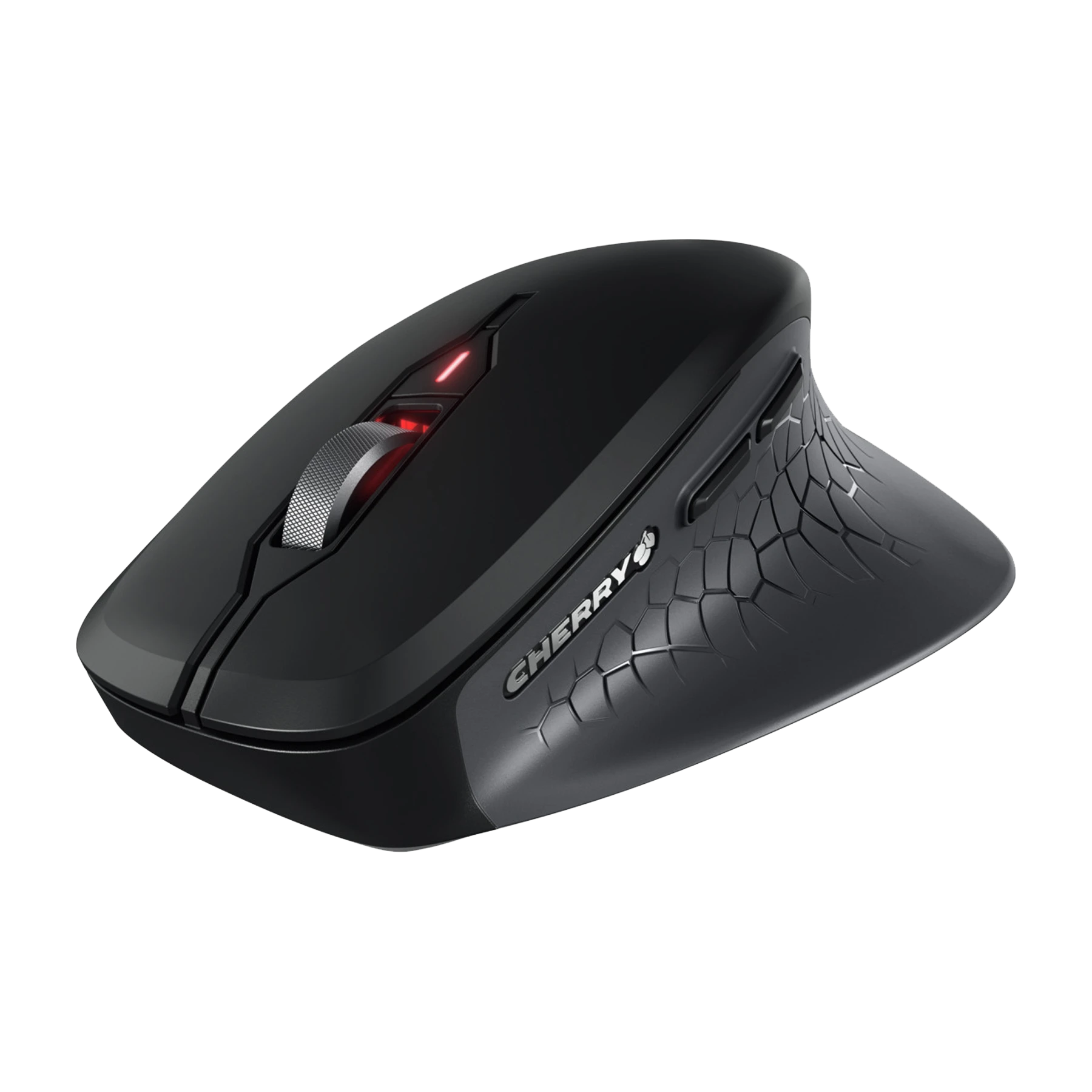 Schrägansicht der schwarzen Cherry Stream Mouse Comfort mit texturierter Daumenablage, Tasten und leuchtendem Mausrad.