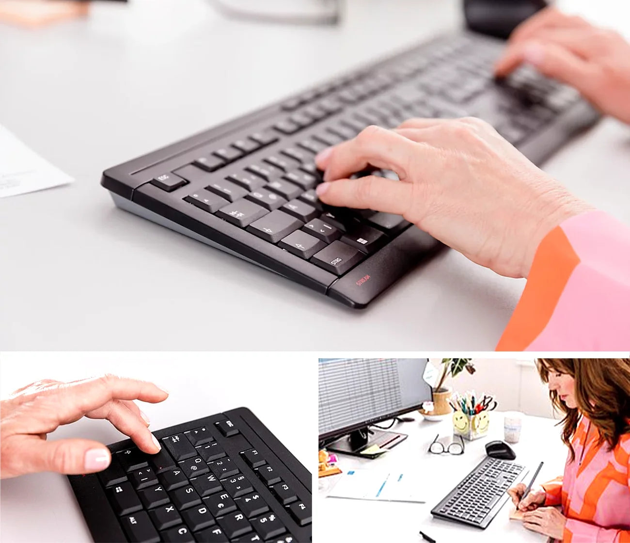 Hände tippen auf einer ergonomischen schwarzen Desktop-Tastatur am hellen Arbeitsplatz.