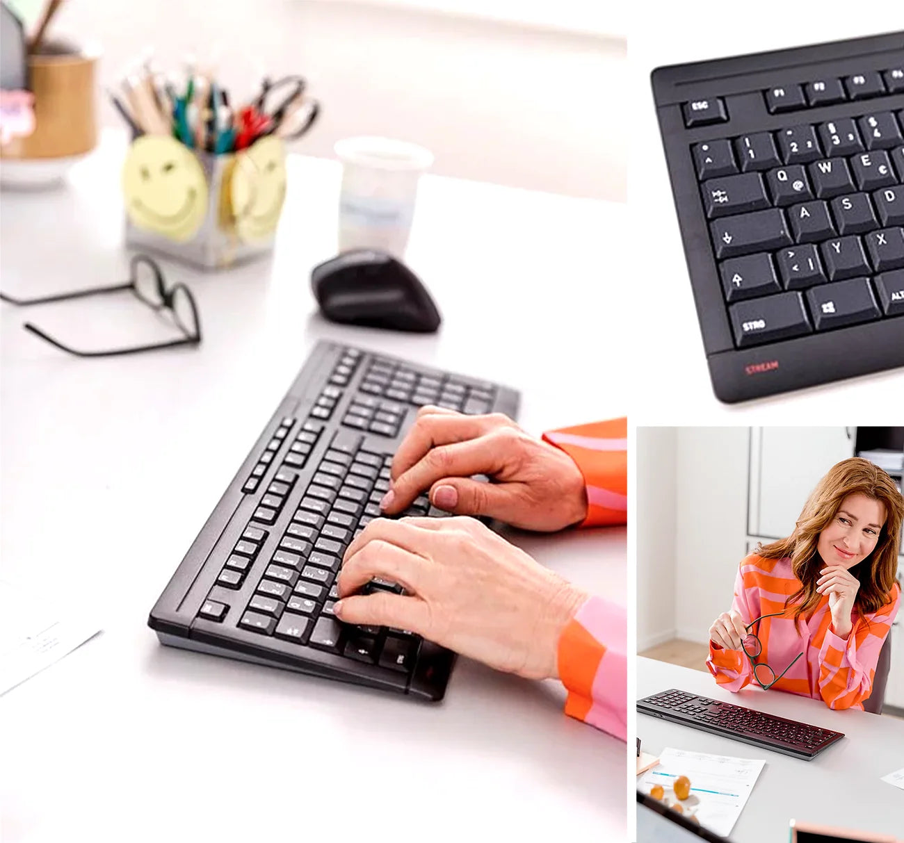 Frau tippt an hellem Arbeitsplatz auf einer schwarzen Tastatur mit ergonomischer Maus