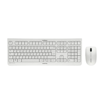 Frontalansicht des weißen Cherry DW 3000 Tastatur- und Maus-Sets mit deutschem QWERTZ-Layout und flachen Tasten.