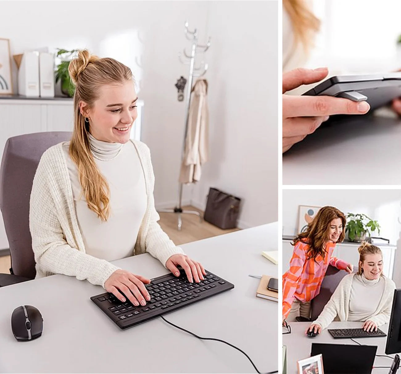 Frau arbeitet an einem Schreibtisch mit schwarzer Tastatur und Maus im modernen Büro.