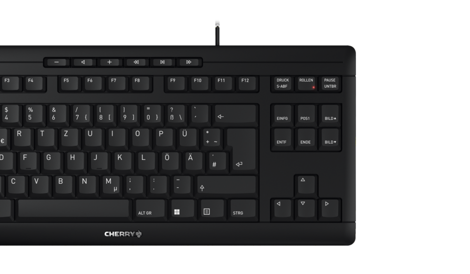 Nahaufnahme der schwarzen CHERRY PC-Tastatur mit Fokus auf das deutsche QWERTZ-Tastenlayout und die Multimediatasten.