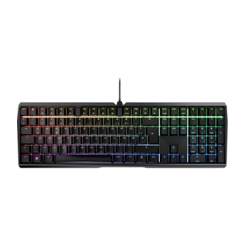 Frontalansicht der schwarzen Cherry MX Board 3.0S Tastatur mit kabelgebundenem Anschluss und aktivierter mehrfarbiger RGB-Tastenbeleuchtung.
