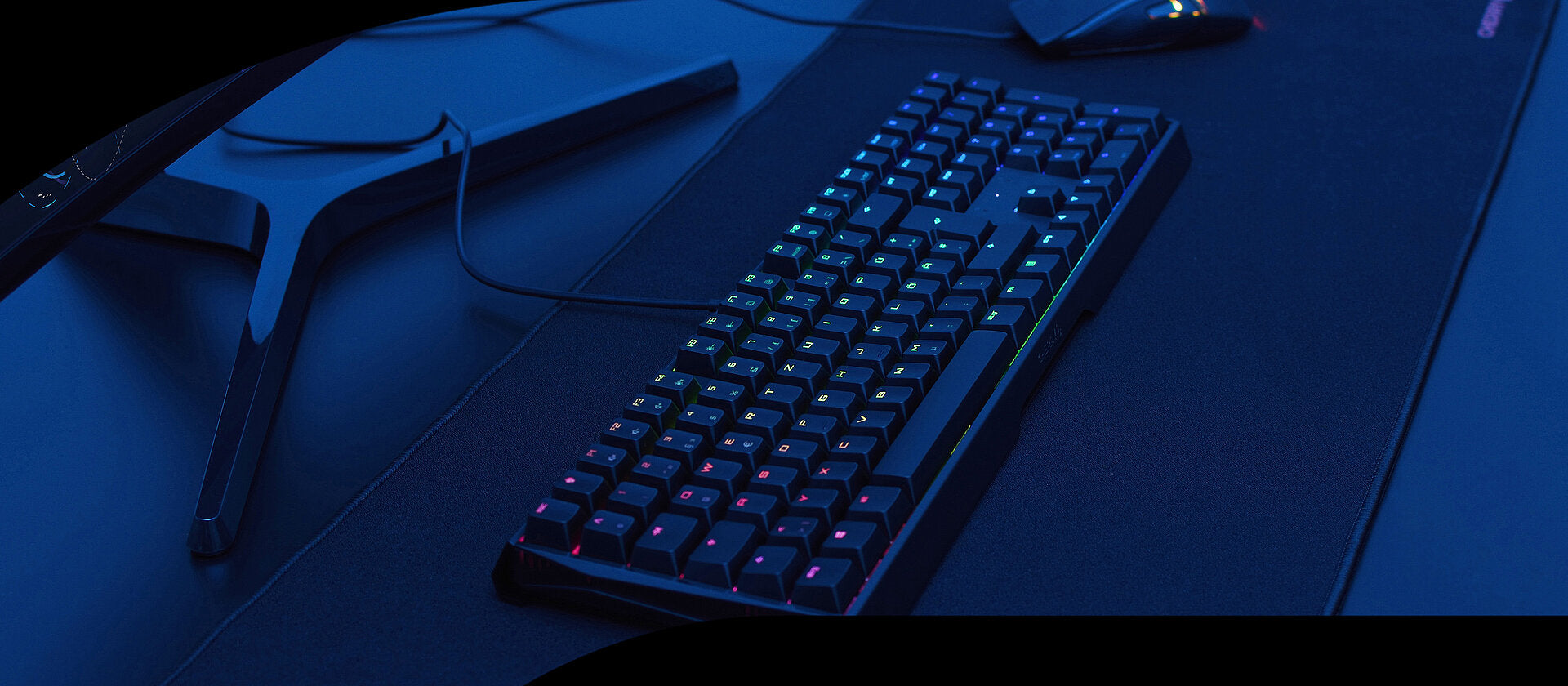 Schwarze Gaming-Tastatur mit blauer RGB-Beleuchtung und Maus auf dunklem Schreibtisch