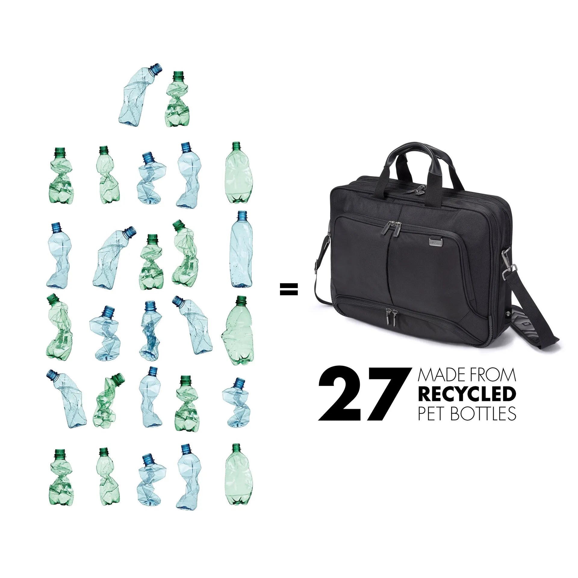 Schwarze Laptoptasche neben 27 recycelten PET-Flaschen als Symbol für nachhaltige IT-Zubehörproduktion
