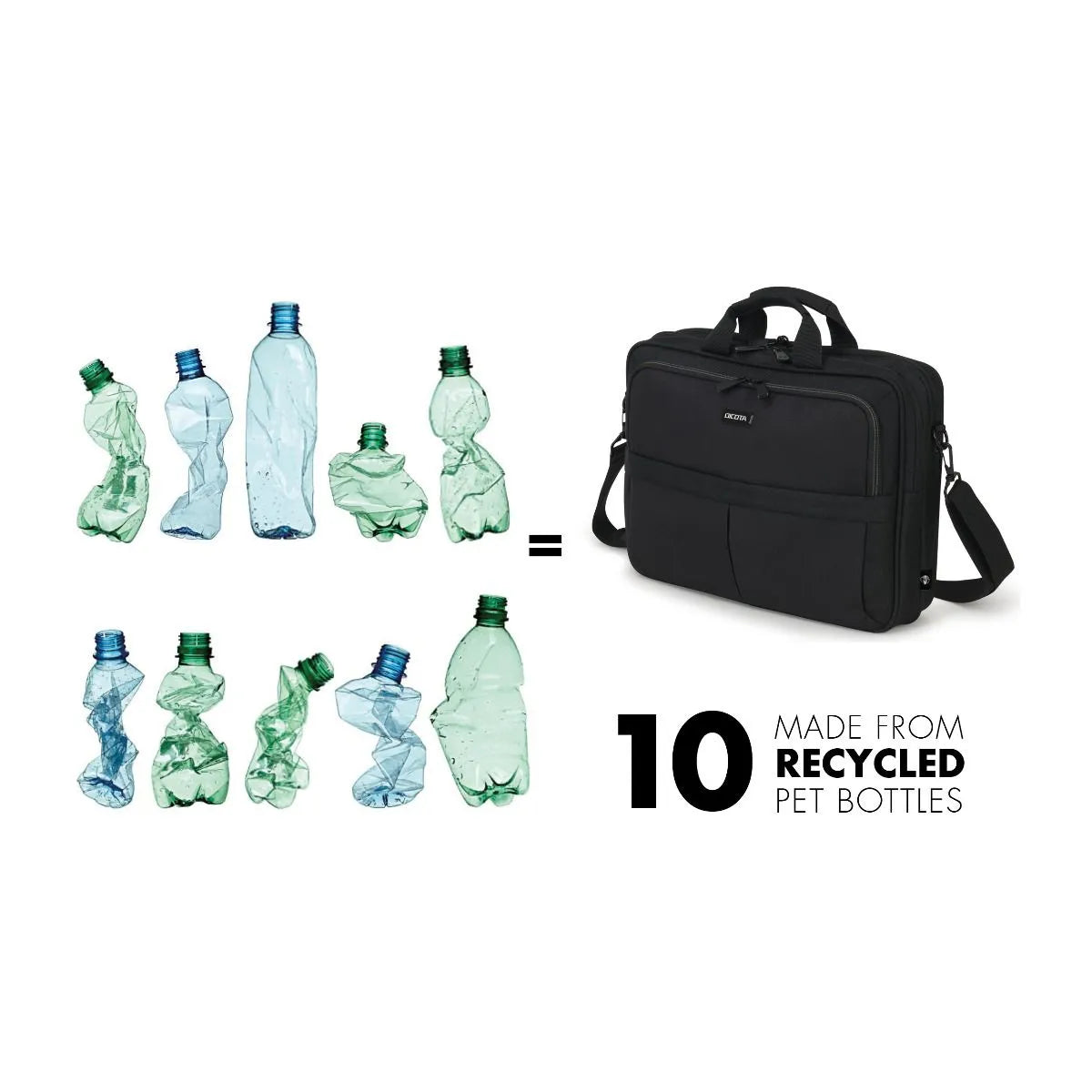 Zehn zerknüllte Plastikflaschen neben einer schwarzen DICOTA Laptoptasche mit dem Hinweis recycelte PET-Flaschen