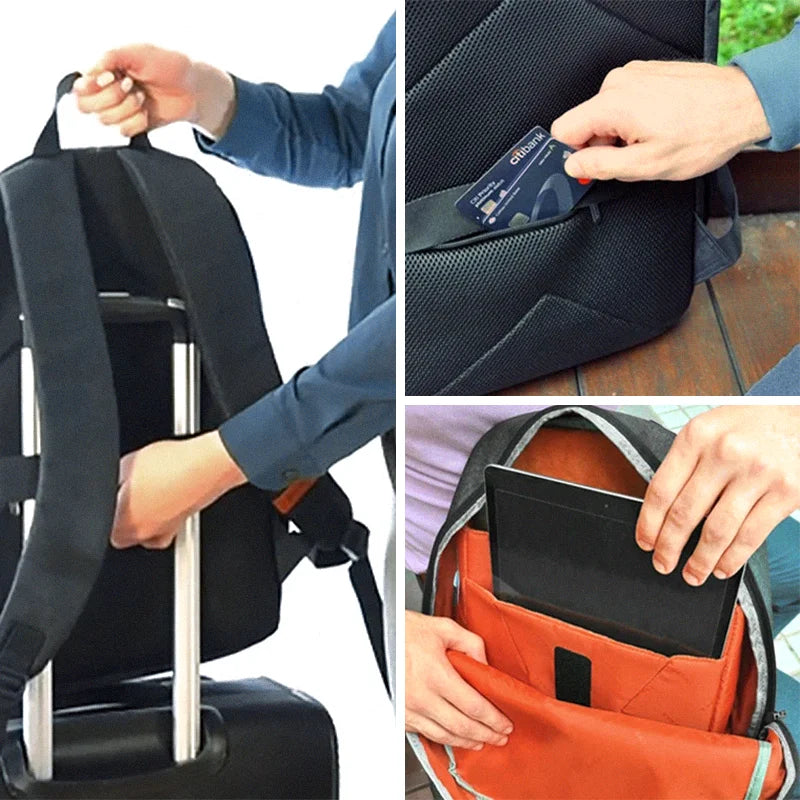 Detailansichten eines schwarzen Laptop-Rucksacks mit Trolley-Halterung, verdecktem Kartenfach und orangem Innenraum für Tablets.