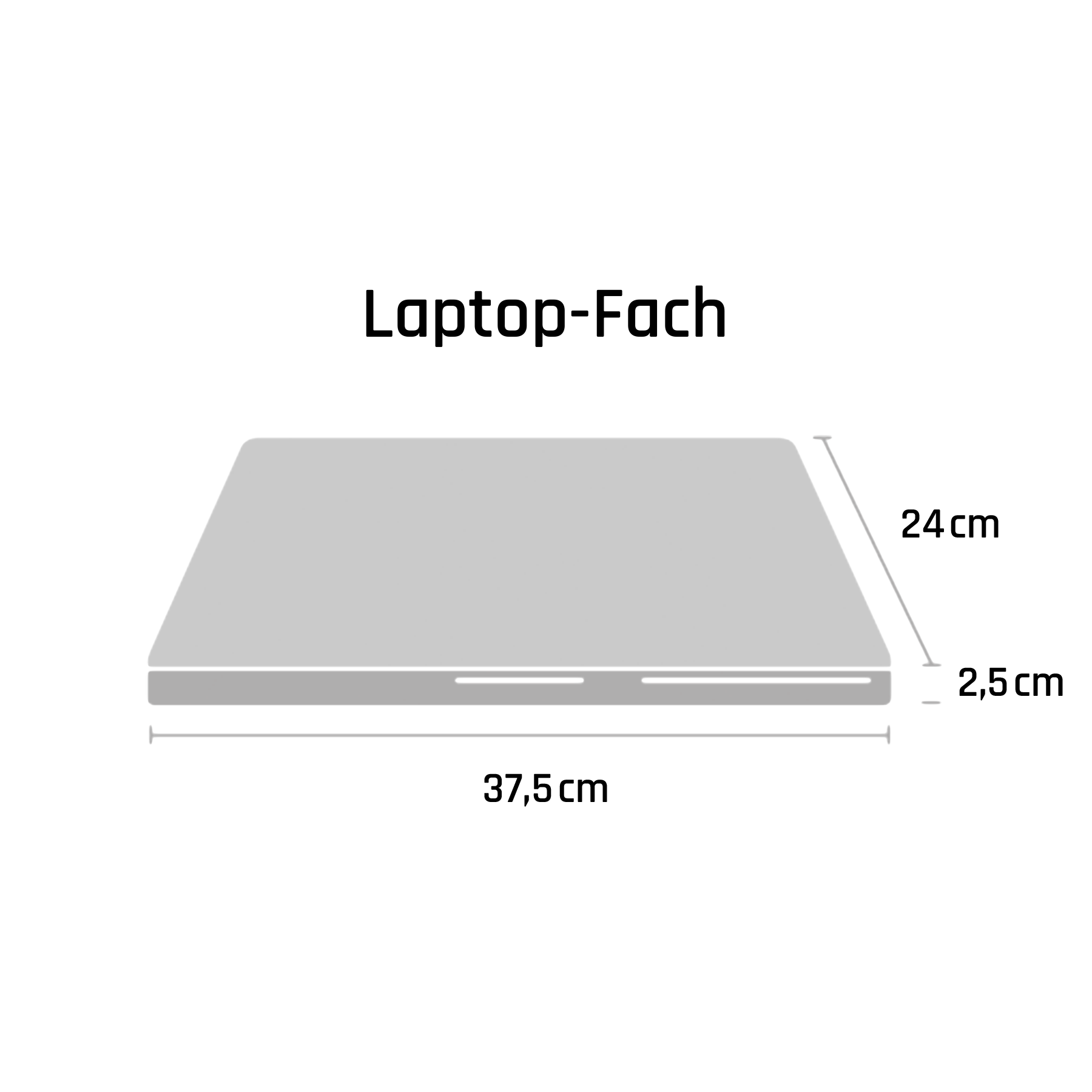 Technische Zeichnung der Maße des Laptop-Fachs mit 37,5 cm Breite, 24 cm Tiefe und 2,5 cm Höhe