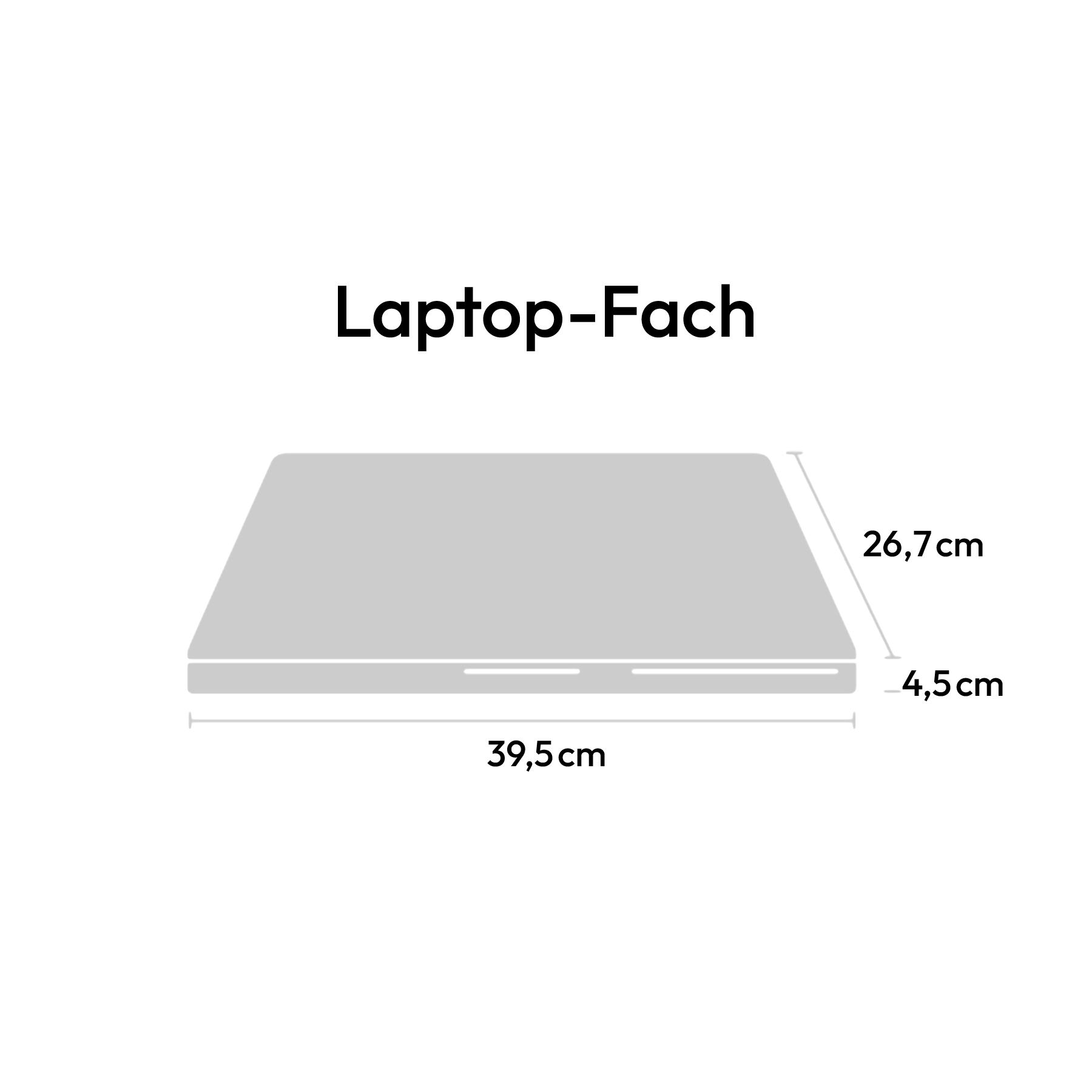 Technische Zeichnung des Laptop-Fachs mit den Maßen 39,5 x 26,7 x 4,5 cm.