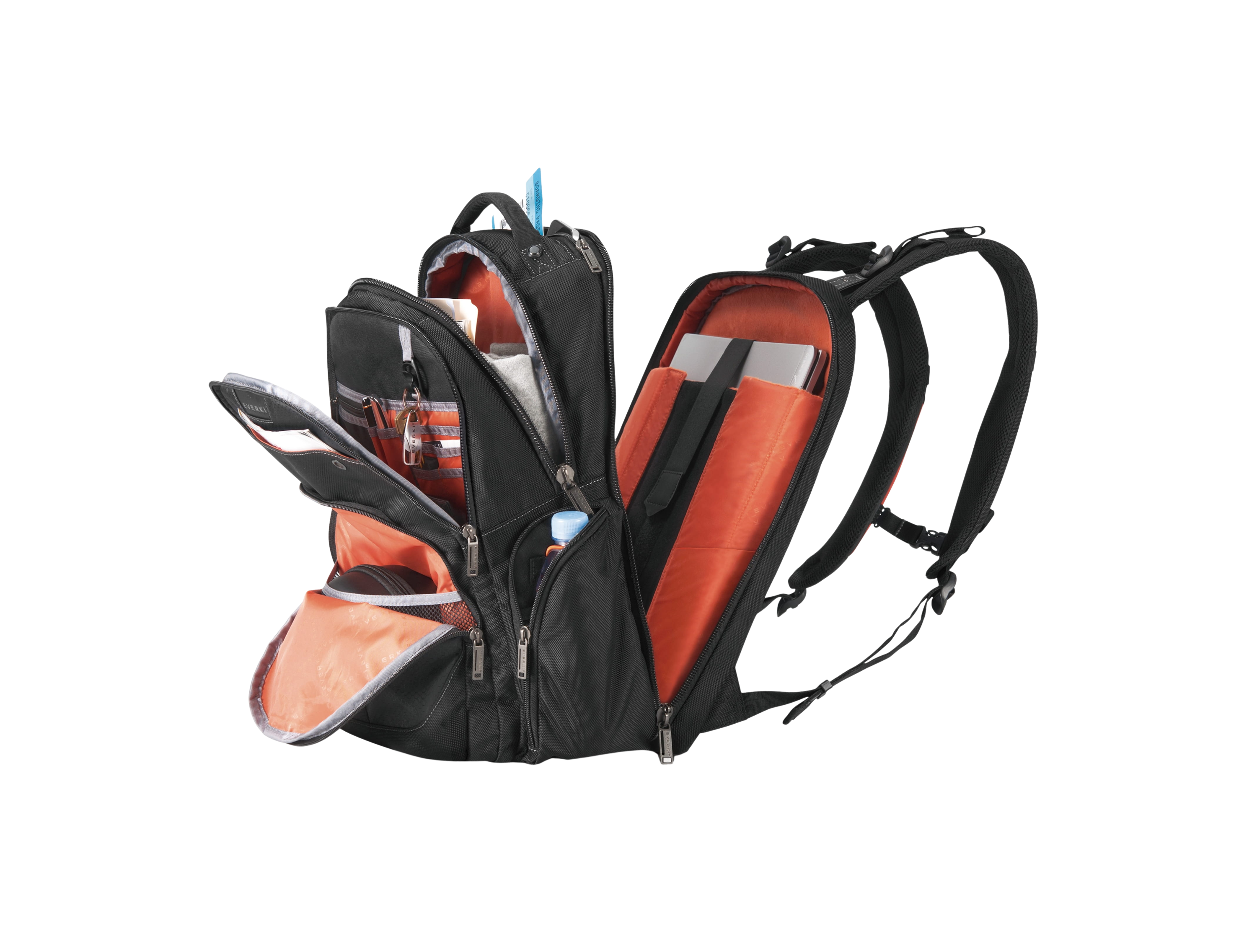 Schwarzer Laptop-Rucksack mit geöffneten Fächern und orangefarbenem Innenfutter