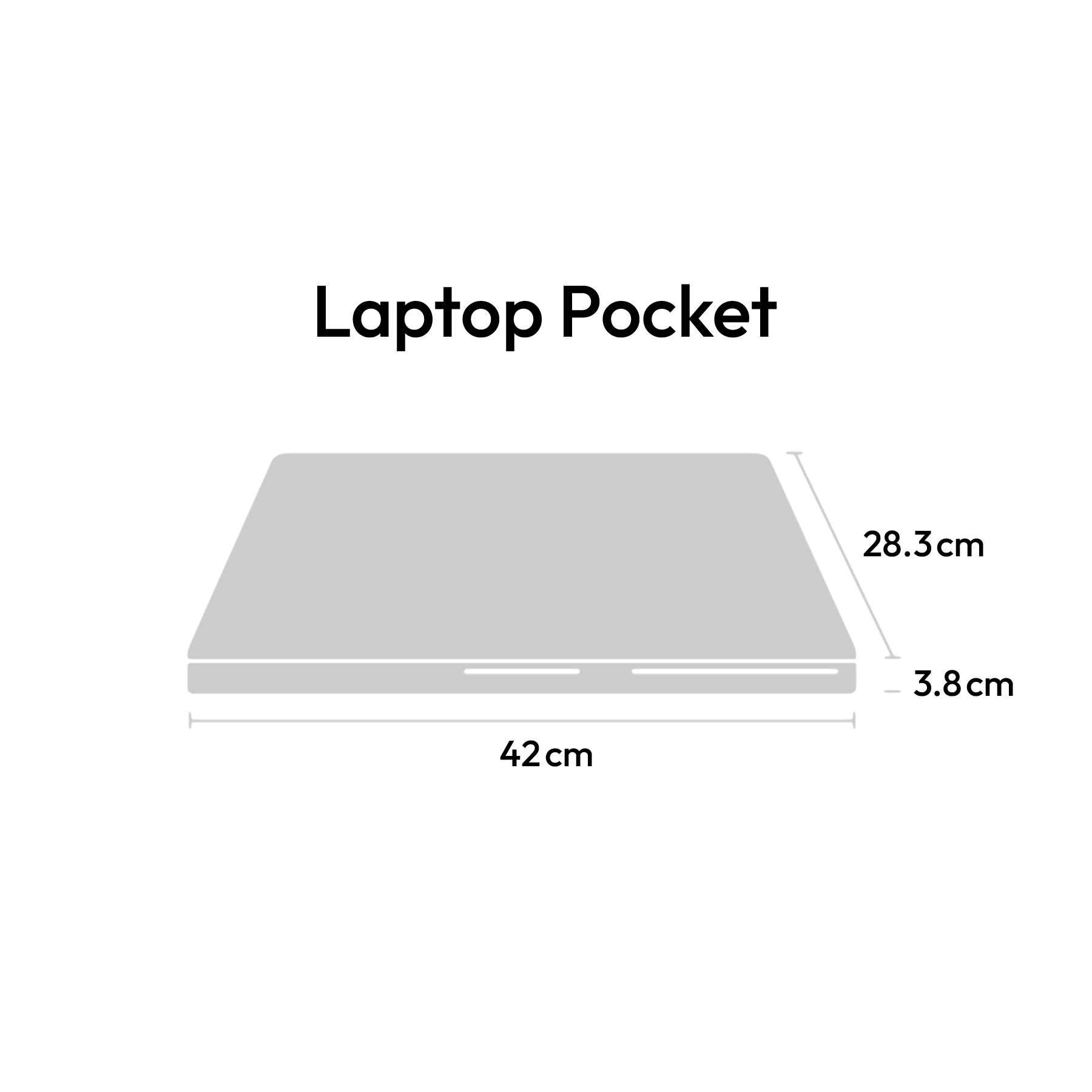Technische Maßzeichnung der Laptop Pocket mit Maßen von 42 cm Breite, 28,3 cm Höhe und 3,8 cm Tiefe.