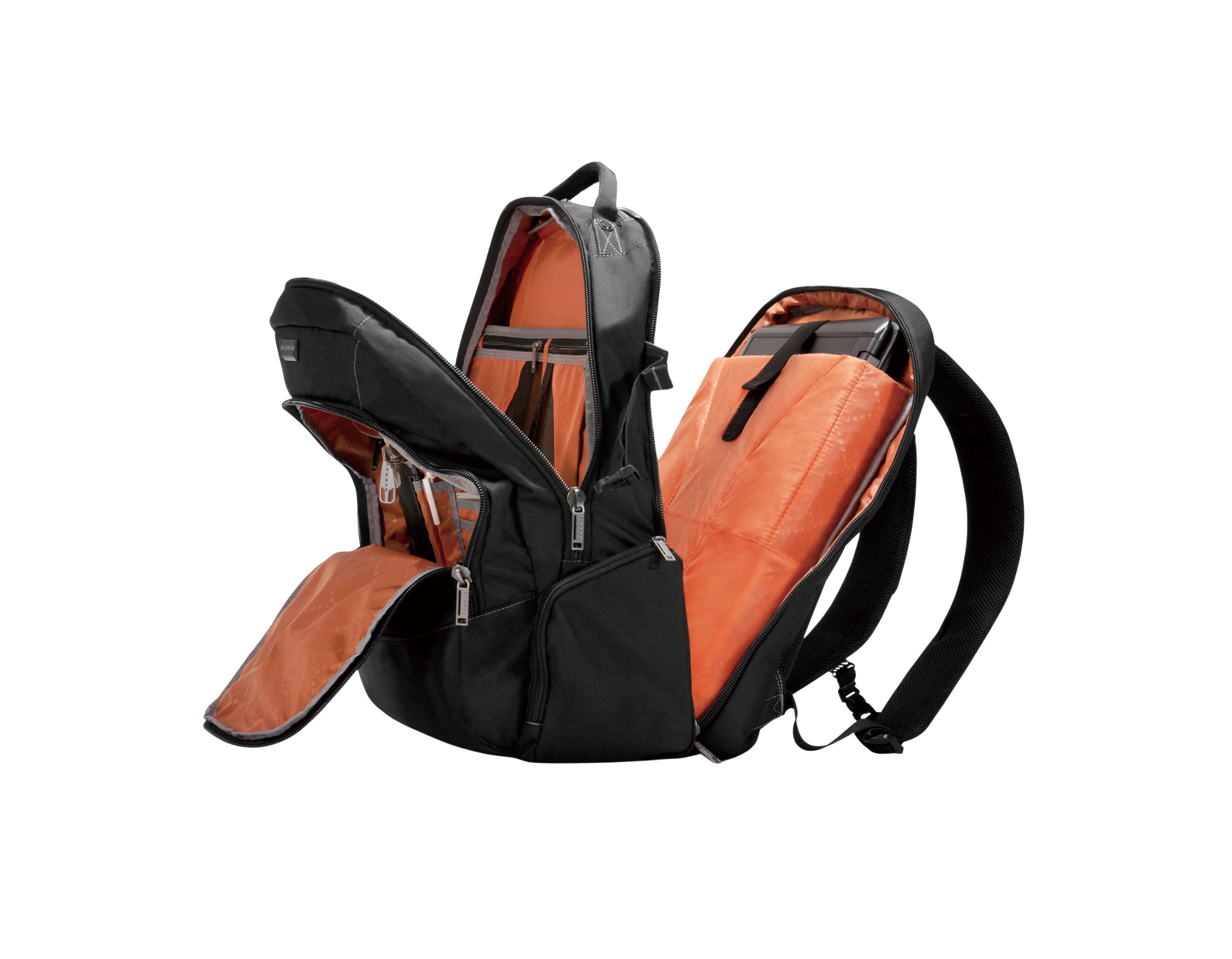 Schwarzer Laptop-Rucksack mit komplett geöffneten Fächern und leuchtend orangem Innenfutter