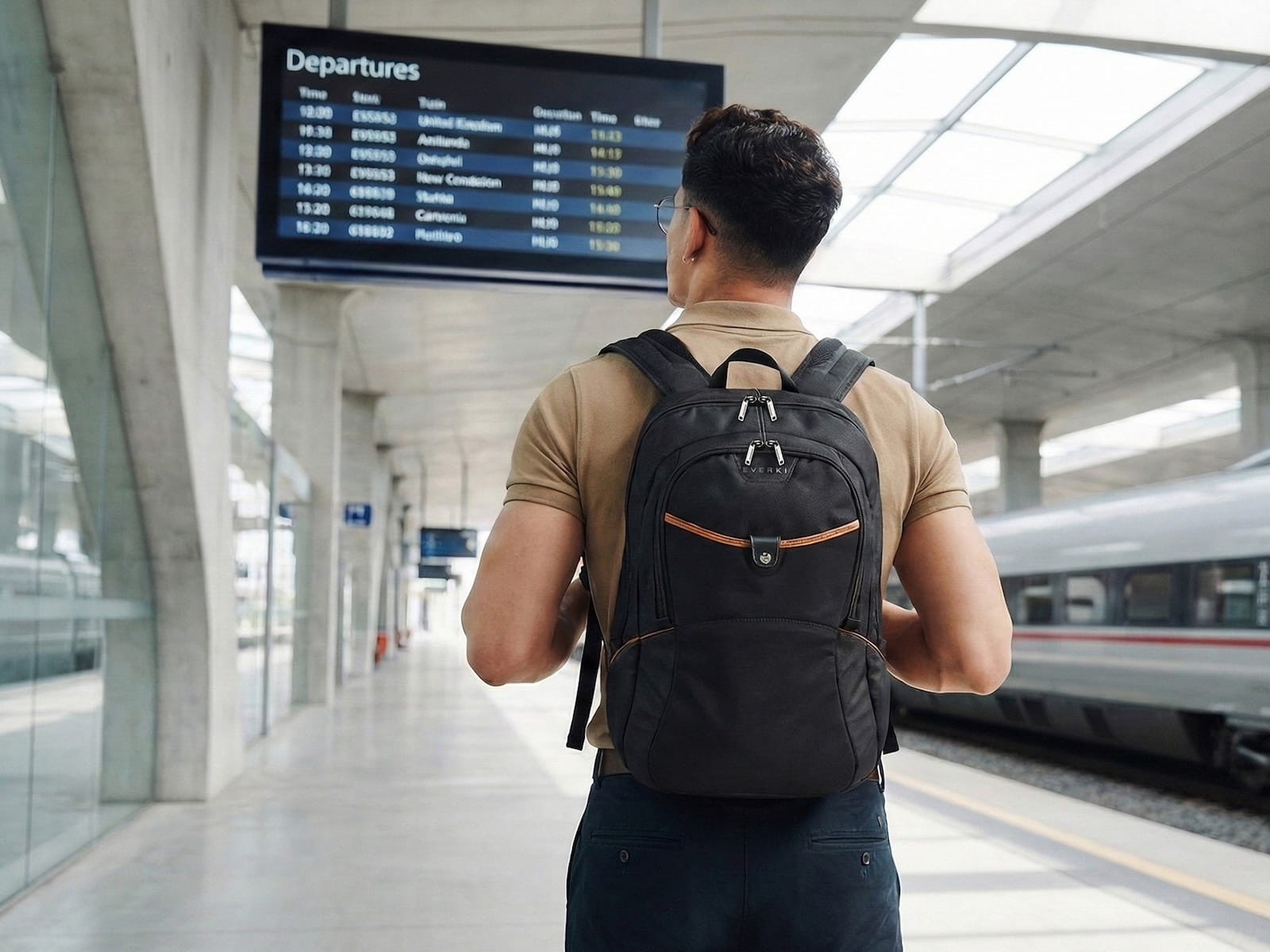Mann mit schwarzem Laptop-Rucksack auf dem Rücken an einem Bahnhof vor einer Abfahrtstafel.