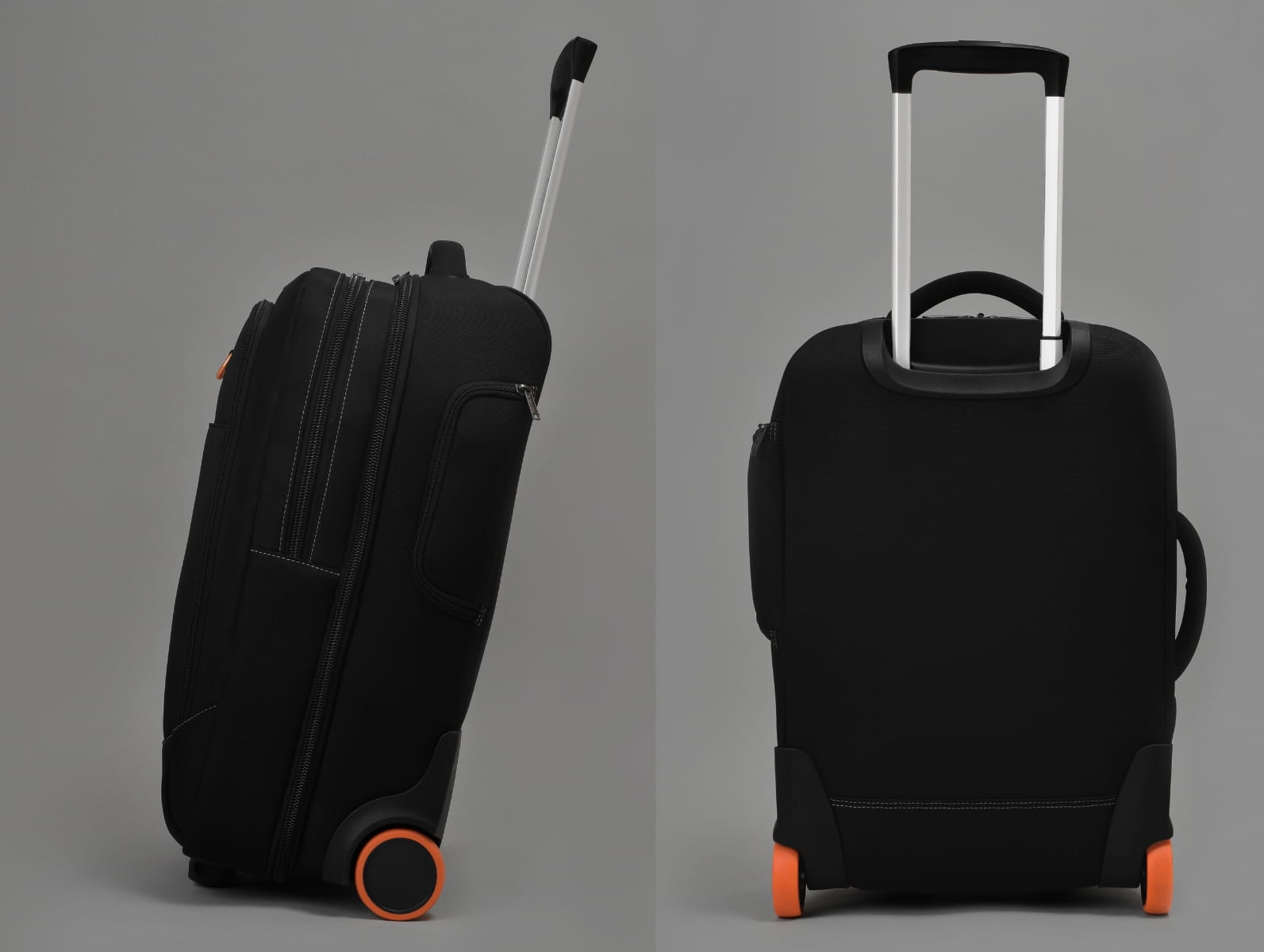 Schwarzer Laptop-Trolley mit ausziehbarem Teleskopgriff und orangefarbenen Rollen aus der Seiten- und Rückansicht.