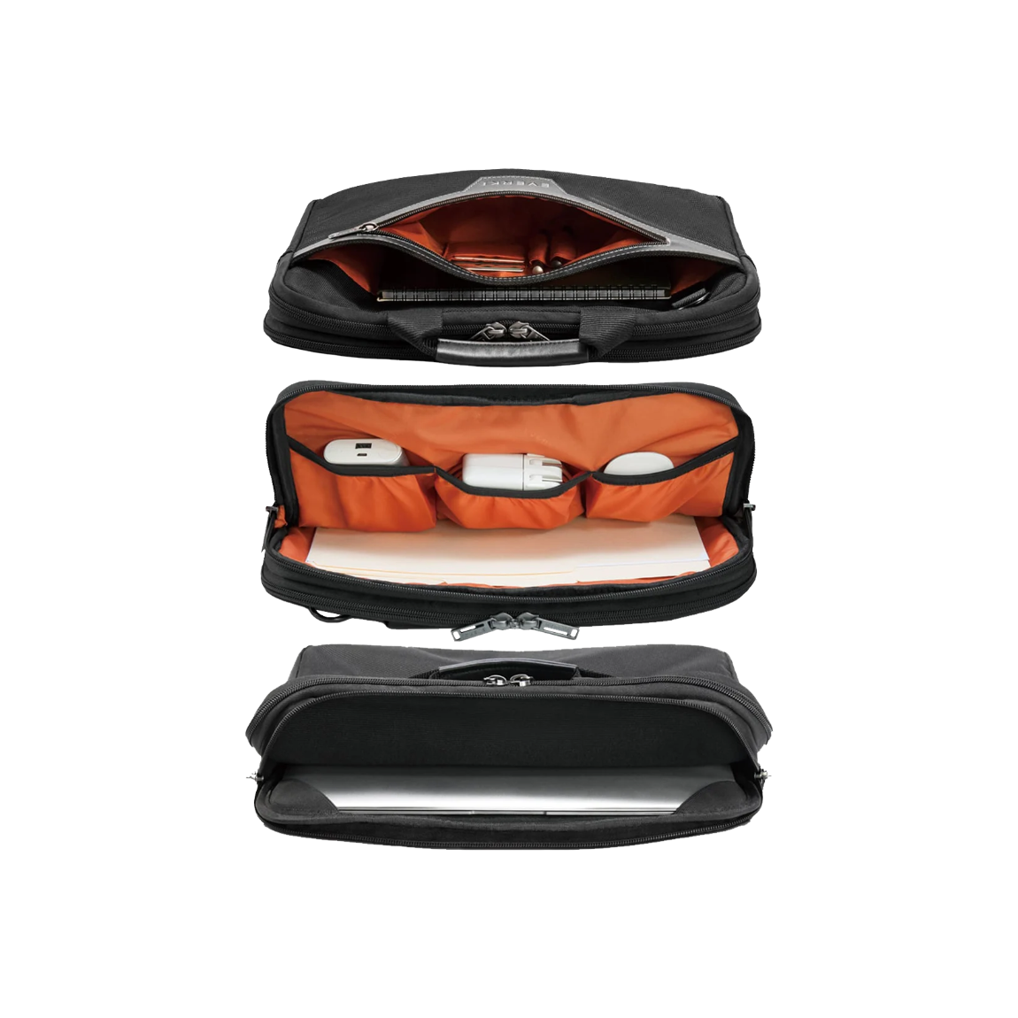 Schwarze Laptop-Tasche in drei Ansichten mit orangefarbenem Innenfutter und praktischen Fächern für Zubehör.