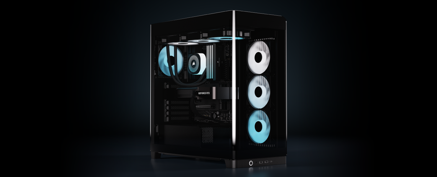High-End Gaming-PC mit beleuchteten Lüftern, Wasserkühlung und GeForce RTX Grafikkarte in edlem Glasgehäuse.