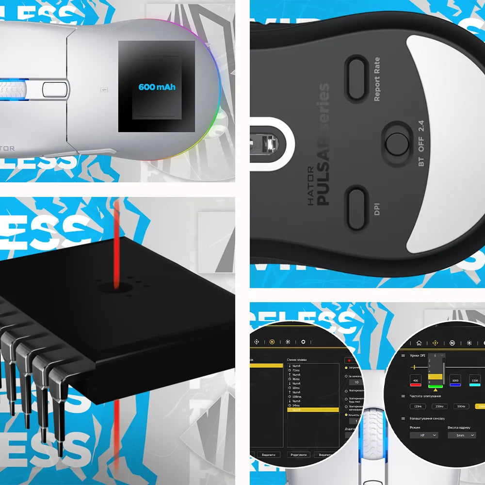 Detaillierte Ansicht der Hator Pulsar Gaming-Maus mit OLED-Display, Sensoren und Software-Konfiguration