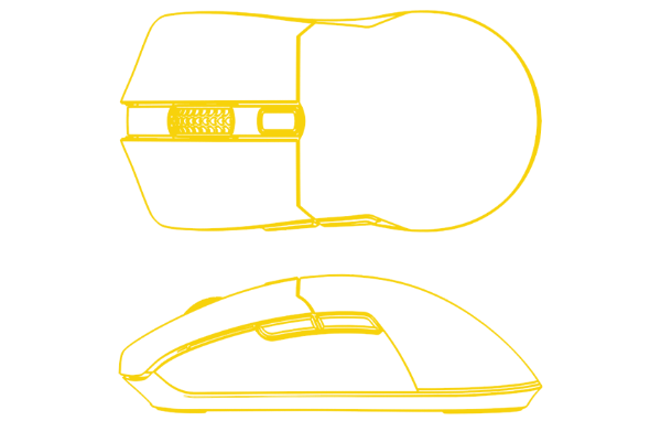 Technische Zeichnung einer ergonomischen Gaming-Maus in der Ansicht von oben und von der Seite.